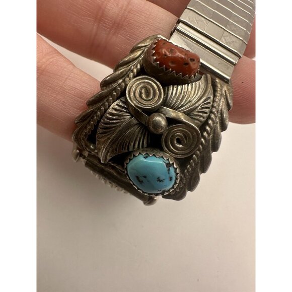 Vintage Mens Watch with Navajo Made Sterling Silver Turquoise Coral Watch Tips - Picture 7 of 11